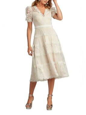 Tadashi Shoji Embroidered Lace Tiered Midi Dress In White Petal Size 6